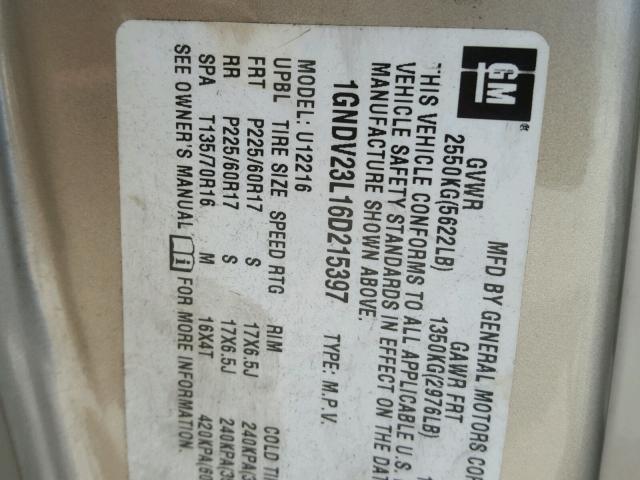 1GNDV23L16D215397 - 2006 CHEVROLET UPLANDER L ბეჟი ფოტო 10