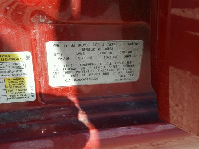 KL1TD5DEXAB118929 - 2010 CHEVROLET AVEO LS RED photo 10