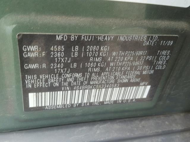 4S4BRBKC9A3340583 - 2010 SUBARU OUTBACK 2. GREEN photo 10