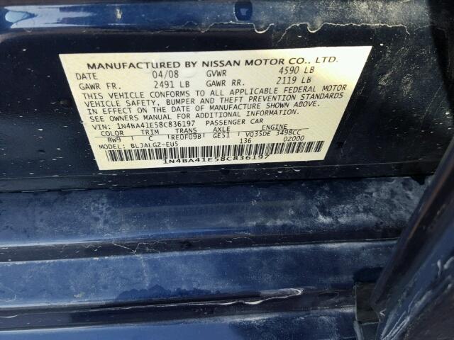 1N4BA41E58C836197 - 2008 NISSAN MAXIMA SE BLUE photo 10