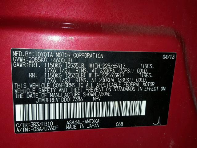 JTMBFREV1DD017386 - 2013 TOYOTA RAV4 LE RED photo 10