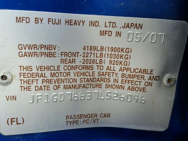 JF1GD76637L526046 - 2007 SUBARU IMPREZA WR BLUE photo 10