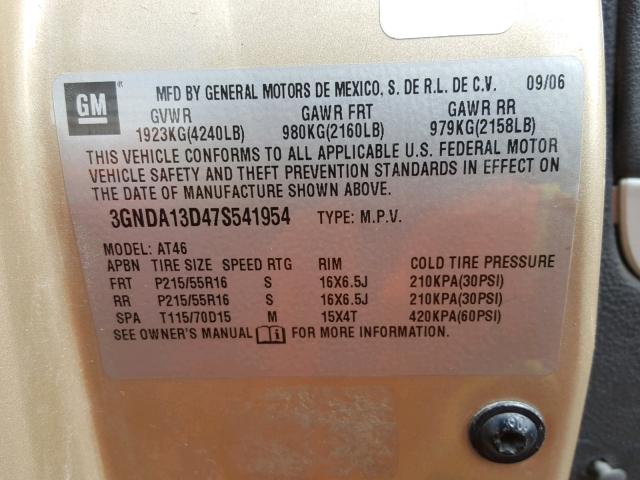 3GNDA13D47S541954 - 2007 CHEVROLET HHR LS GOLD photo 10