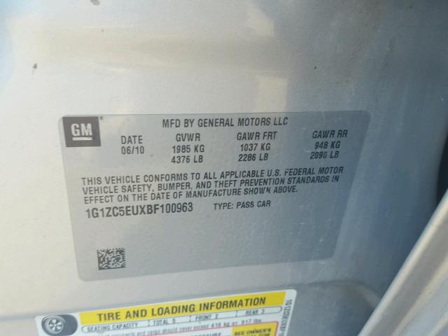 1G1ZC5EUXBF100963 - 2011 CHEVROLET MALIBU 1LT 银色 照片 10