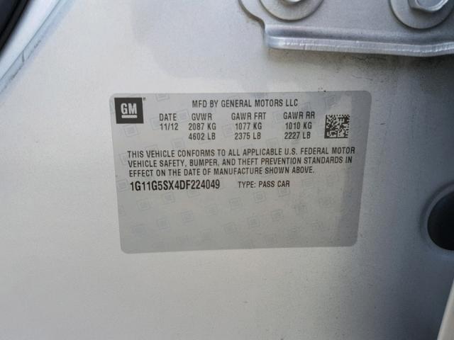 1G11G5SX4DF224049 - 2013 CHEVROLET MALIBU 3LT ვერცხლისფერი ფოტო 10