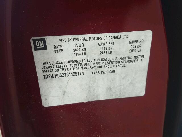 2G2WP552761155174 - 2006 PONTIAC GRAND PRIX RED photo 10