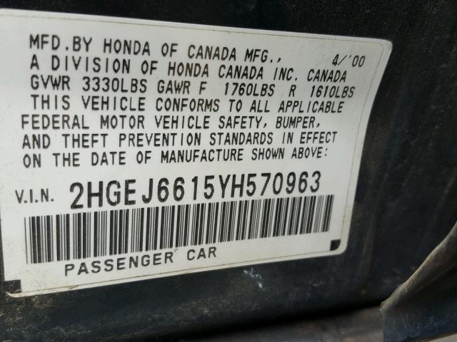 2HGEJ6615YH570963 - 2000 HONDA CIVIC BASE GREEN photo 10