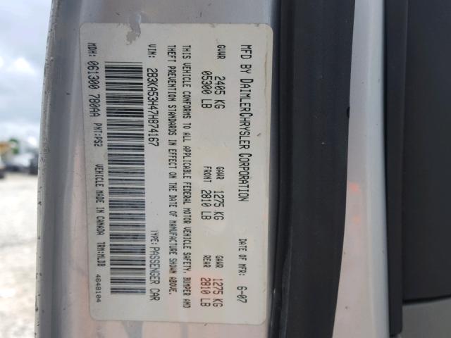 2B3KA53H47H874167 - 2007 DODGE CHARGER R/ SILVER photo 10