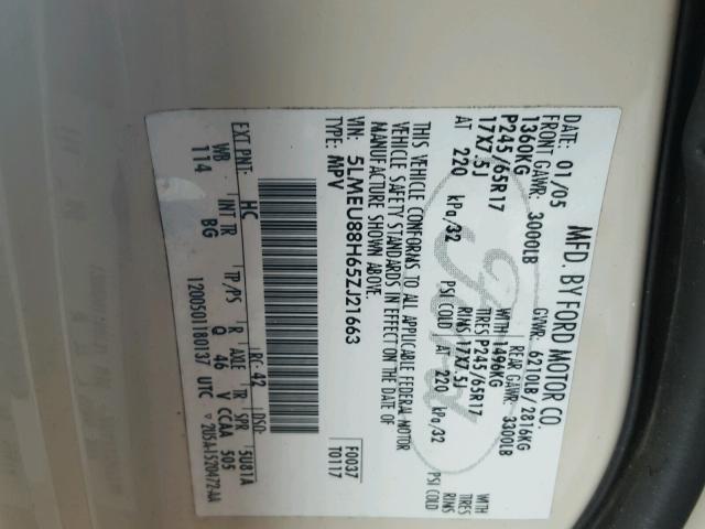 5LMEU88H65ZJ21663 - 2005 LINCOLN AVIATOR 白色 照片 10