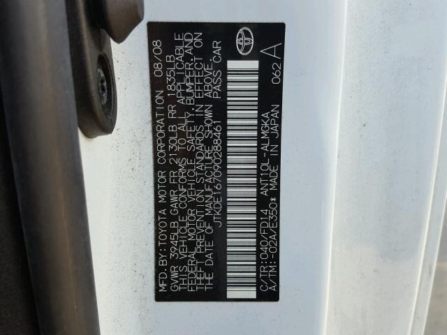 JTKDE167090288461 - 2009 TOYOTA SCION TC 白色 照片 10