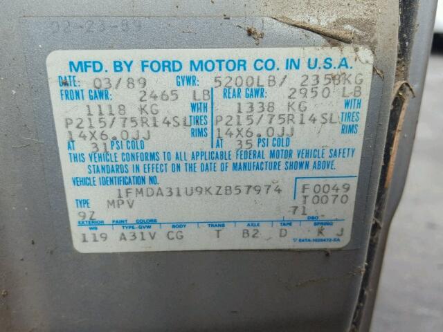 1FMDA31U9KZB57974 - 1989 FORD AEROSTAR SILVER photo 10