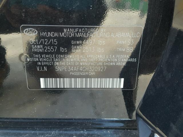 5NPE34AF4GH320927 - 2016 HYUNDAI SONATA SPO BLACK photo 10