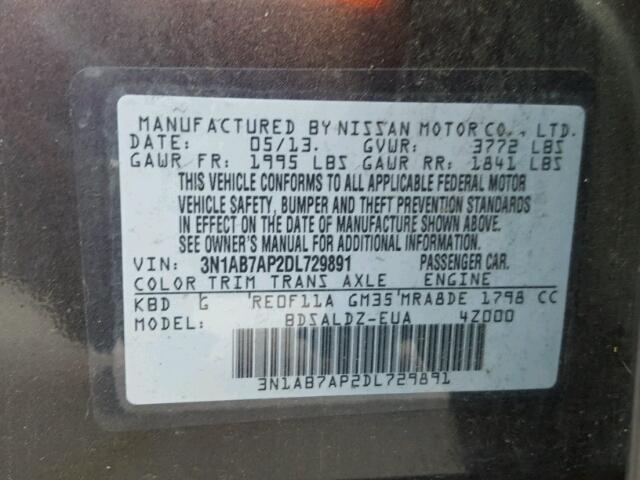 3N1AB7AP2DL729891 - 2013 NISSAN SENTRA SV GRAY photo 10