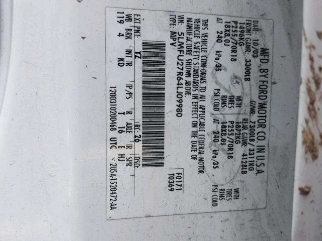 5LMFU27R64LJ09980 - 2004 LINCOLN NAVIGATOR WHITE photo 10