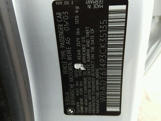 WBADT63493CK35135 - 2003 BMW 530 I AUTO SILVER photo 10