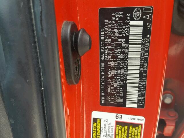 2T1KU4EE4AC490698 - 2010 TOYOTA COROLLA MA RED photo 10