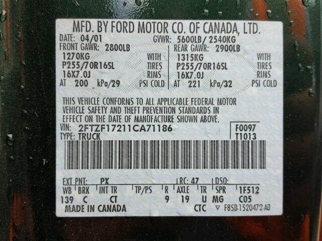 2FTZF17211CA71186 - 2001 FORD F150 GREEN photo 10