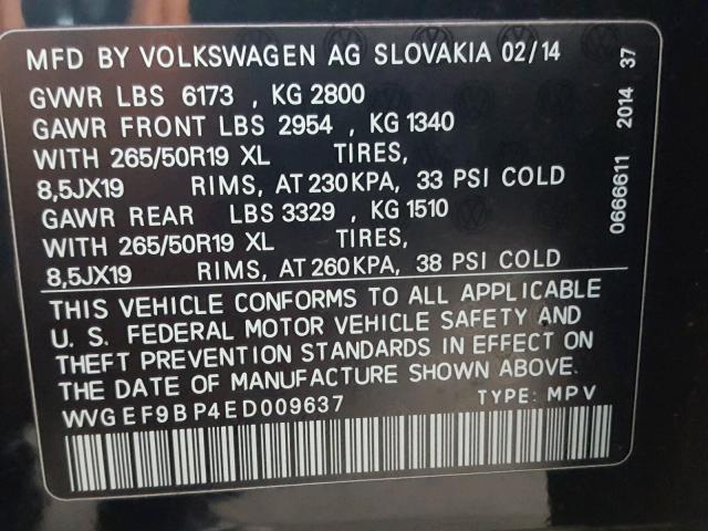 WVGEF9BP4ED009637 - 2014 VOLKSWAGEN TOUAREG V6 BLACK photo 10