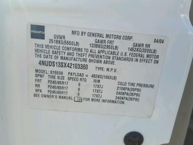 4NUDS13SX42103360 - 2004 ISUZU ASCENDER S 白色 照片 10