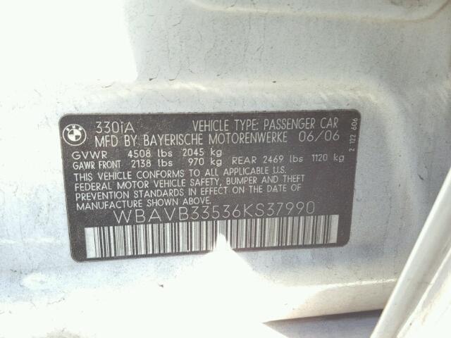 WBAVB33536KS37990 - 2006 BMW 330 WHITE photo 10