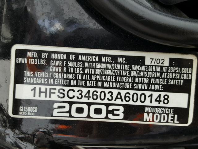 1HFSC34603A600148 - 2003 HONDA GL1500 CD BLACK photo 10