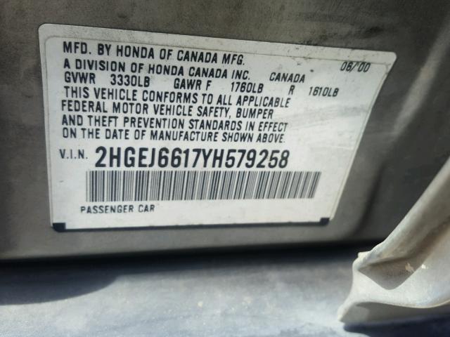 2HGEJ6617YH579258 - 2000 HONDA CIVIC BASE SILVER photo 10