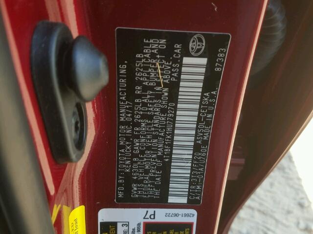 4T1BF1FK1HU779270 - 2017 TOYOTA CAMRY RED photo 10