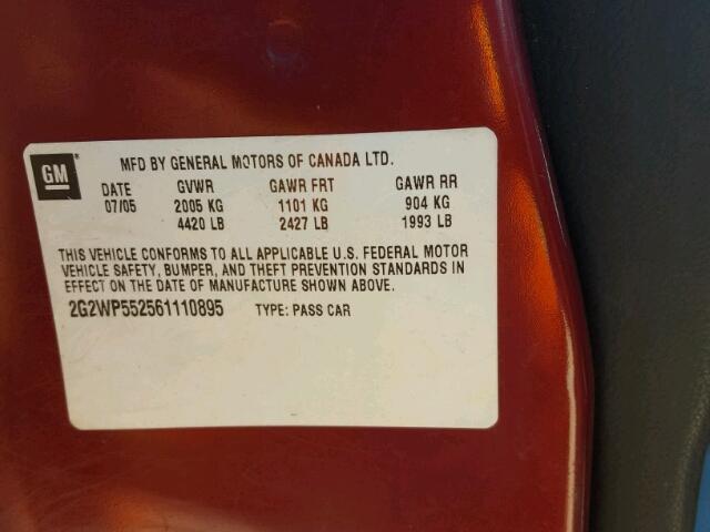 2G2WP552561110895 - 2006 PONTIAC GRAND PRIX MAROON photo 10