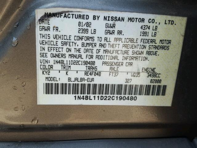 1N4BL11D22C190480 - 2002 NISSAN ALTIMA SE GRAY photo 10