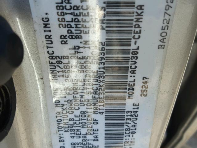 4T1BE32KX3U139362 - 2003 TOYOTA CAMRY SILVER photo 10