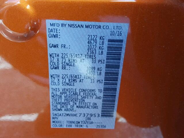 5N1AT2MVXHC737953 - 2017 NISSAN ROGUE ORANGE photo 10