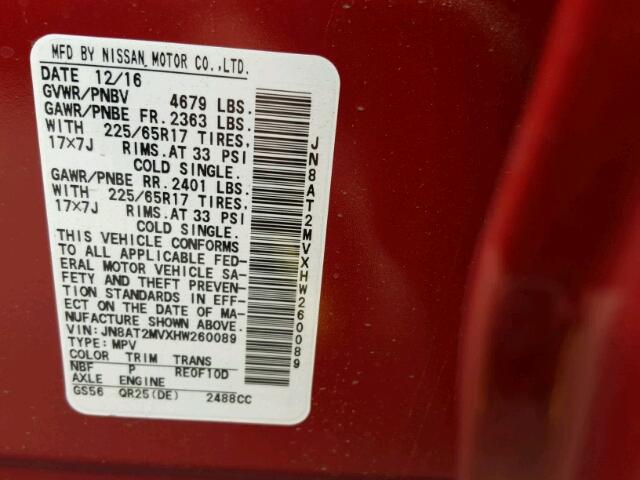 JN8AT2MVXHW260089 - 2017 NISSAN ROGUE RED photo 10