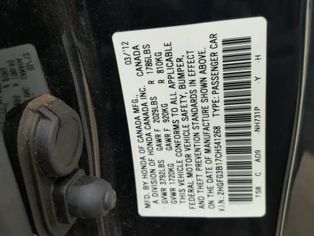 2HGFG3B17CH541268 - 2012 HONDA CIVIC EXL შავი ფოტო 10