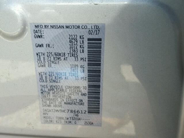 5N1AT2MV9HC786612 - 2017 NISSAN ROGUE SILVER photo 10