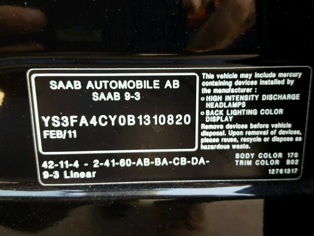 YS3FA4CY0B1310820 - 2011 SAAB 9-3 2.0T BLACK photo 10