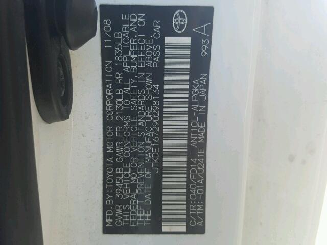 JTKDE167290298134 - 2009 TOYOTA SCION TC 白色 照片 10