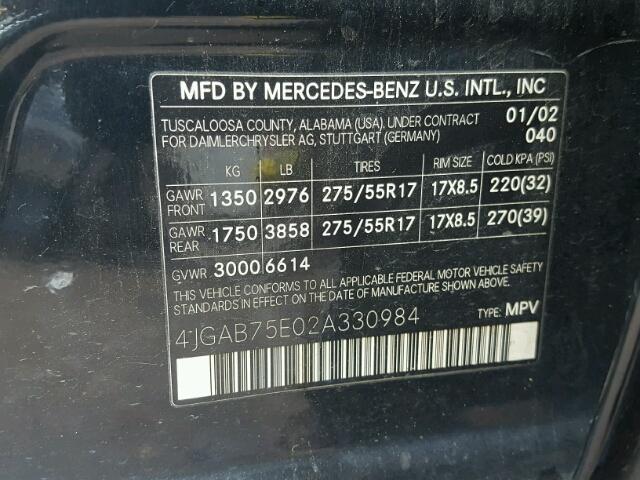 4JGAB75E02A330984 - 2002 MERCEDES-BENZ ML 500 BLACK photo 10