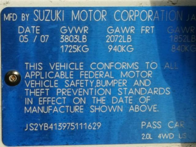 JS2YB413975111629 - 2007 SUZUKI SX4 WHITE photo 10