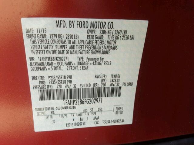 1FAHP2E86FG202971 - 2015 FORD TAURUS SEL RED photo 10