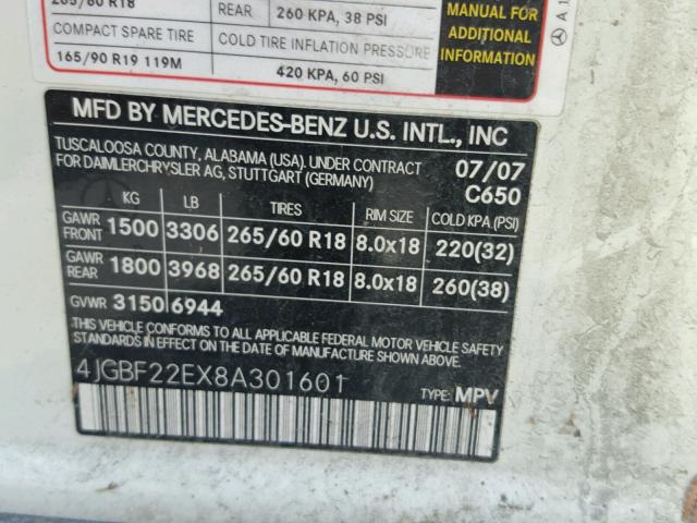 4JGBF22EX8A301601 - 2008 MERCEDES-BENZ GL 320 CDI WHITE photo 10