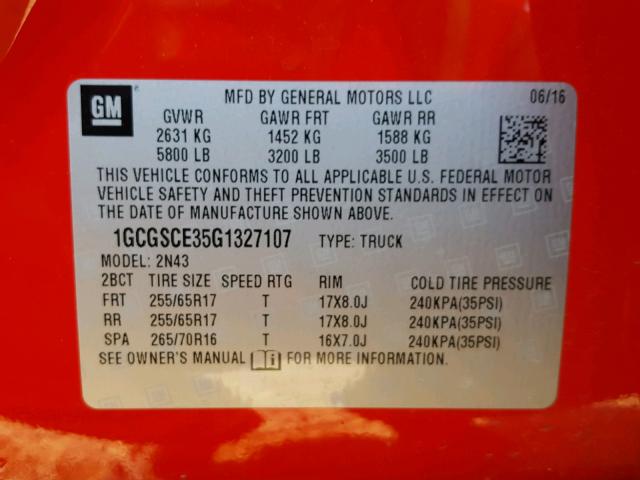 1GCGSCE35G1327107 - 2016 CHEVROLET COLORADO L RED photo 10