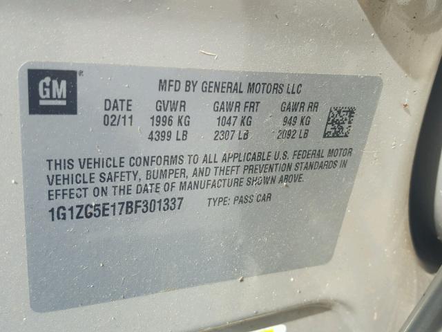 1G1ZC5E17BF301337 - 2011 CHEVROLET MALIBU 1LT 金色 照片 10