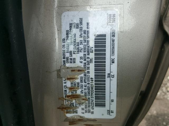 4N2ZN15T92D821169 - 2002 NISSAN QUEST GXE BEIGE photo 10