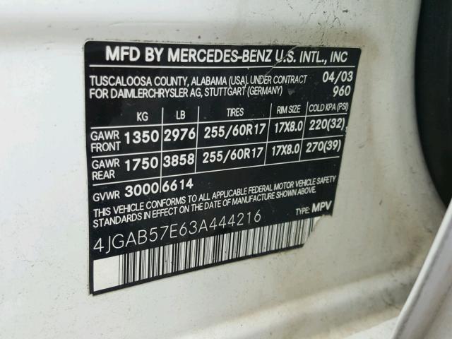 4JGAB57E63A444216 - 2003 MERCEDES-BENZ ML 350 WHITE photo 10