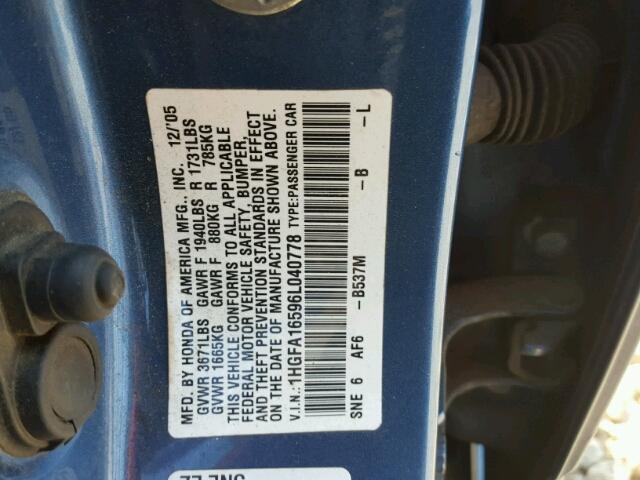 1HGFA16596L040778 - 2006 HONDA CIVIC LX BLUE photo 10