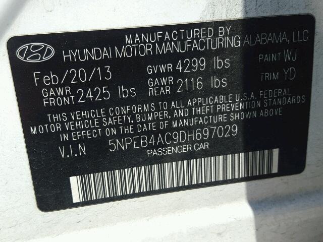 5NPEB4AC9DH697029 - 2013 HYUNDAI SONATA GLS WHITE photo 10