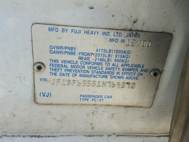 JF1SF65551H764370 - 2001 SUBARU FORESTER S WHITE photo 10