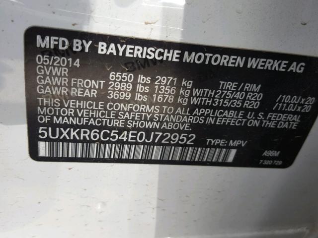 5UXKR6C54E0J72952 - 2014 BMW X5 XDRIVE5 WHITE photo 10