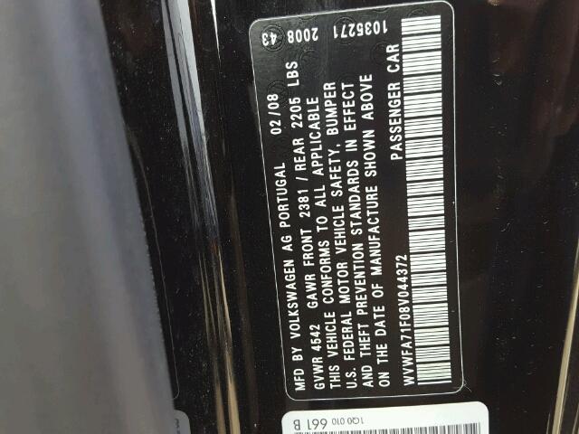 WVWFA71F08V044372 - 2008 VOLKSWAGEN EOS LUX 黑色 照片 10