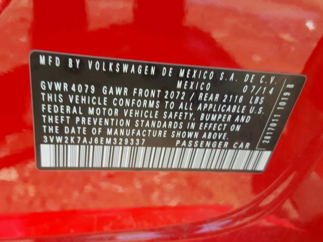 3VW2K7AJ6EM329337 - 2014 VOLKSWAGEN JETTA BASE 红色 照片 10